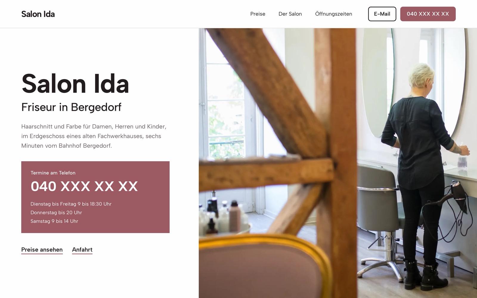 Startseite der Beispiel-Website Salon Ida