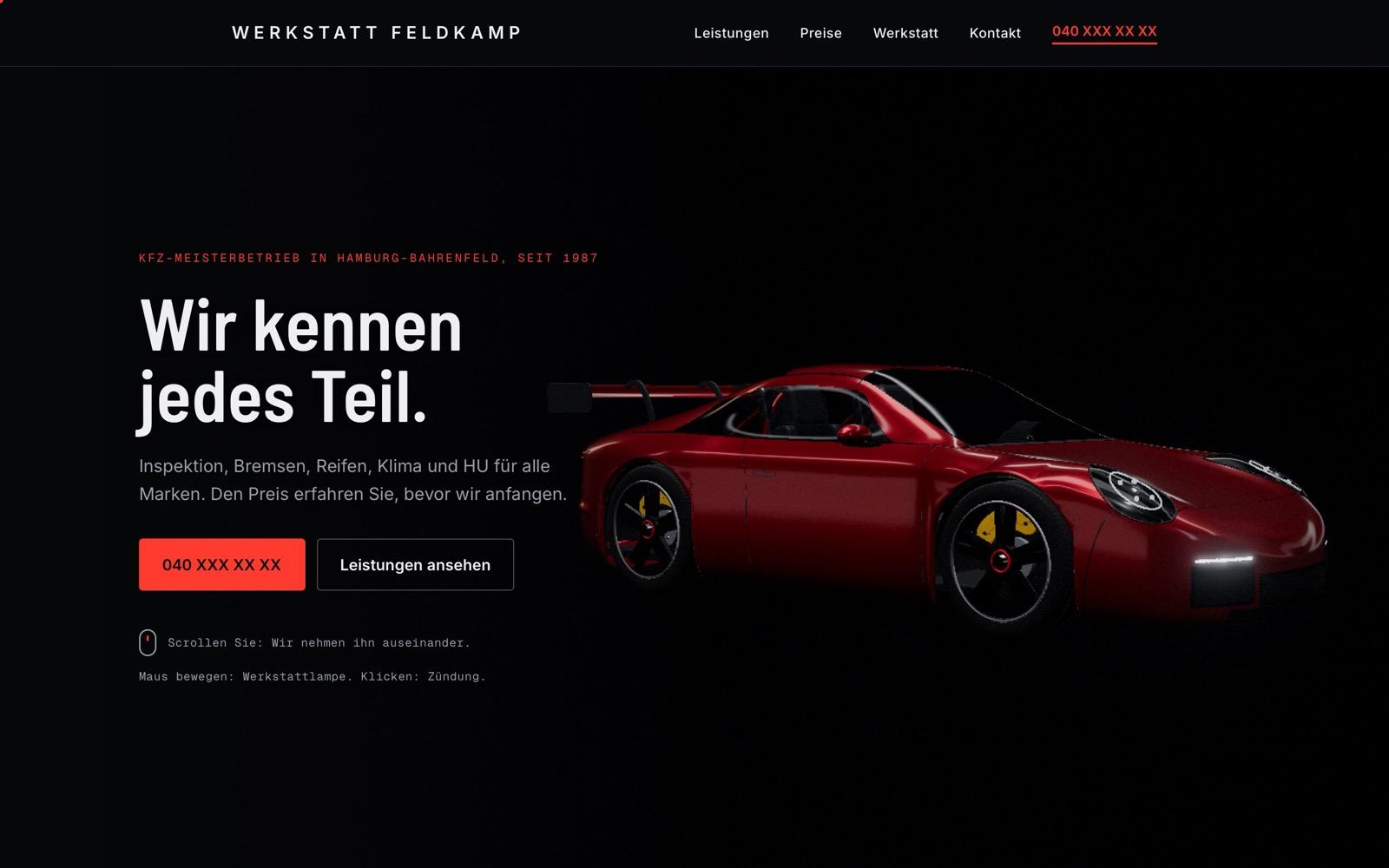 Startseite der Beispiel-Website Werkstatt Feldkamp