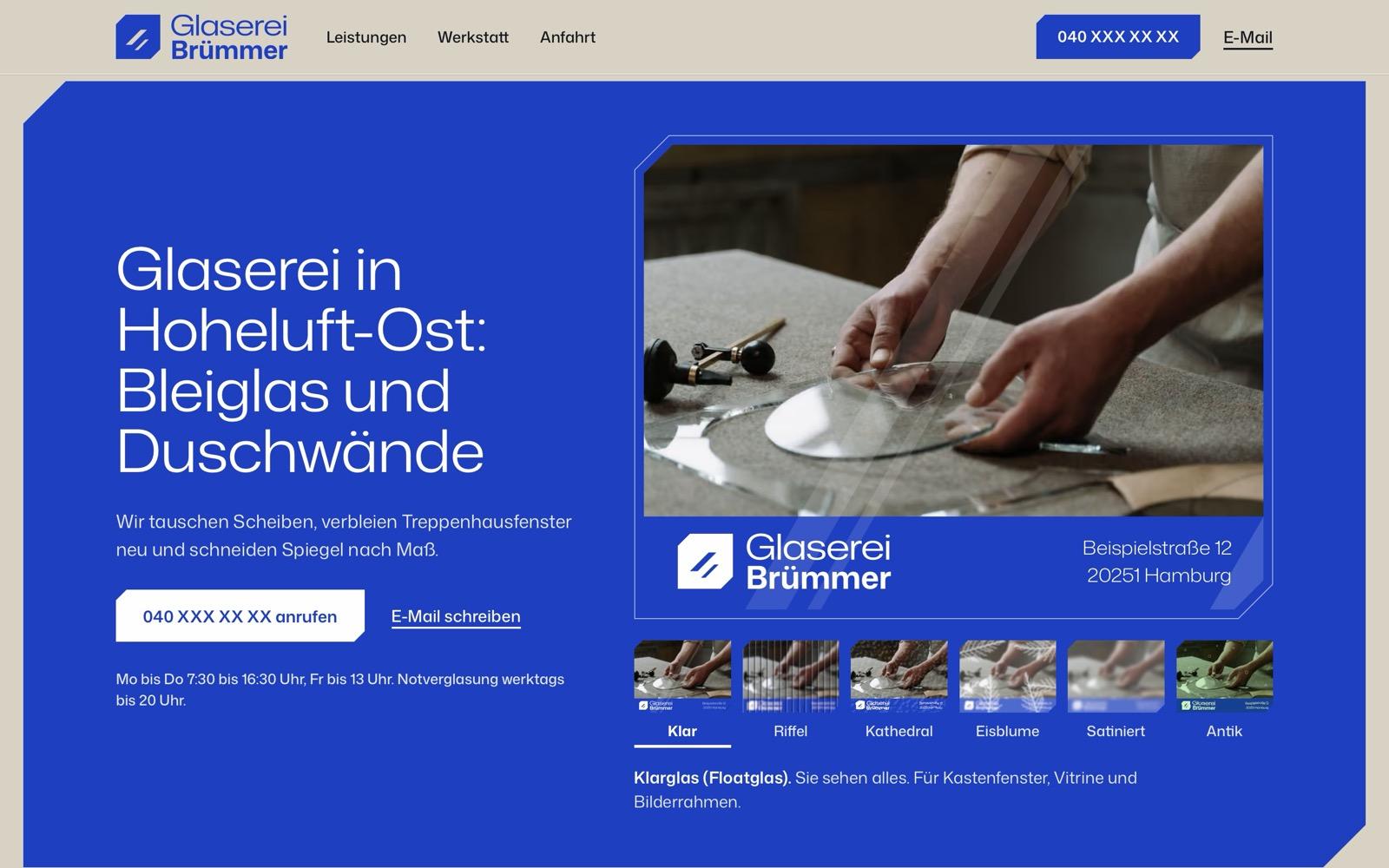 Startseite der Beispiel-Website Glaserei Brümmer