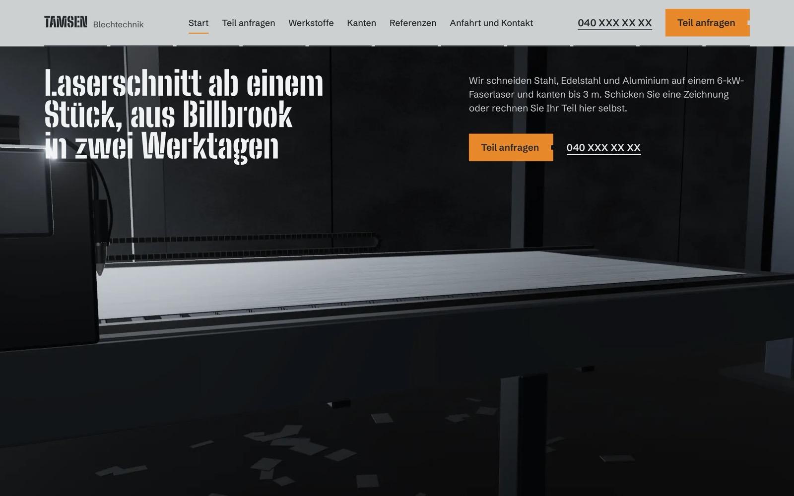 Startseite der Beispiel-Website Tamsen Blechtechnik
